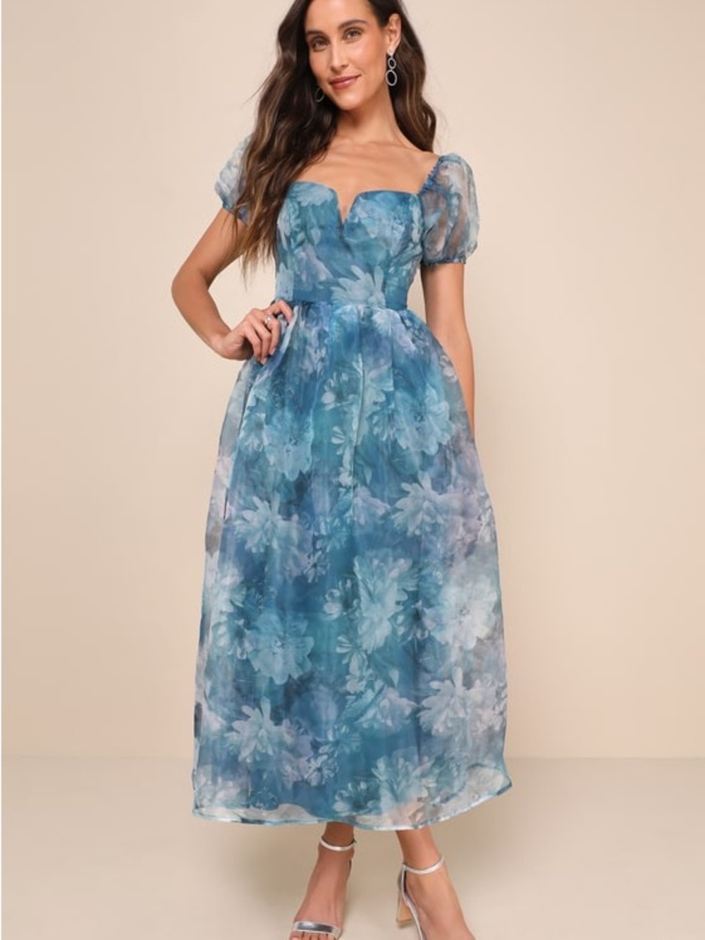 Lulus Blue Floral Chiffon Midi Dress Puff Sleeve Cottagecore Wedding Guest Dress